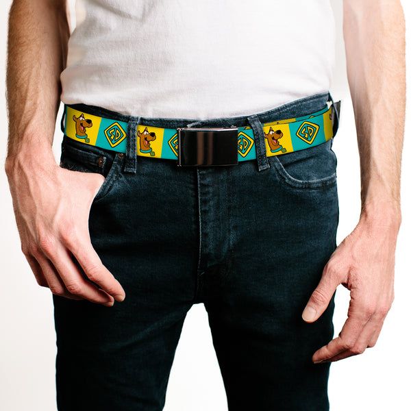 Buckle-Down Web Belt - Scooby Doo Pose And Dog Tag Blocks Yellow/Blue Webbing