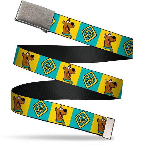 Buckle-Down Web Belt - Scooby Doo Pose and Dog Tag Blocks Yellow/Blue Webbing