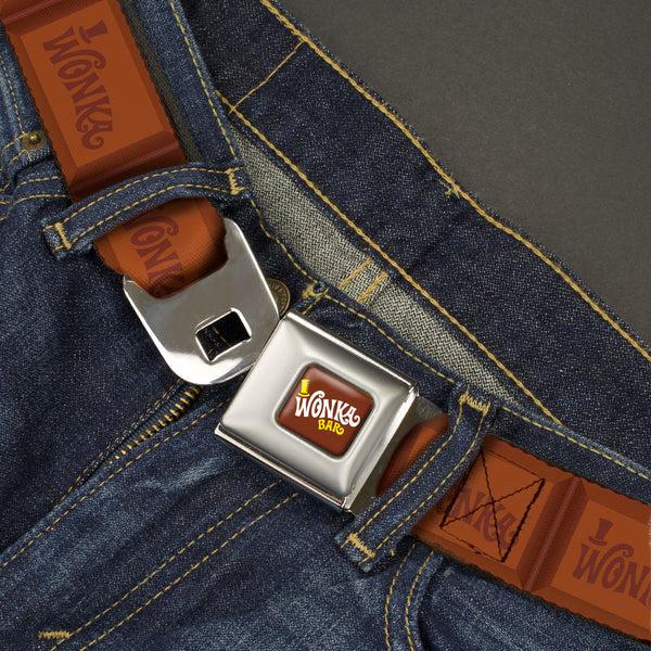 Buckle-Down Willy Wonka And The Chocolate Factory WONKA BAR Logo Full Color Brown/Yellow/White Seatbelt Belt - Willy Wonka And The Chocolate Factory WONKA Chocolate Bar Browns Webbing