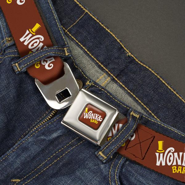 Buckle-Down Willy Wonka And The Chocolate Factory WONKA BAR Logo Full Color Brown/Yellow/White Seatbelt Belt - Willy Wonka And The Chocolate Factory WONKA BAR Logo Brown/Yellow/White Webbing