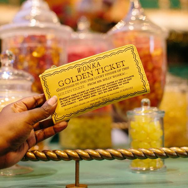 Buckle-Down Willy Wonka Wallet Fold Over Snap Pouch Chocolate Factory Golden Ticket Text Yellow Vegan Leather
