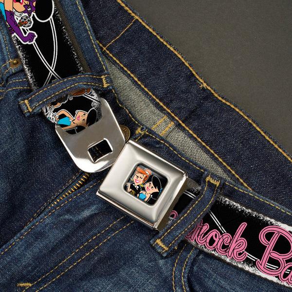 Buckle-Down Wilma & Betty Full Color Black Seatbelt Belt - Wilma & Betty Glam Poses BEDROCK BABES Black/Pink Webbing