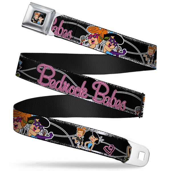 Buckle-Down Wilma & Betty Full Color Black Seatbelt Belt - Wilma & Betty Glam Poses BEDROCK BABES Black/Pink Webbing