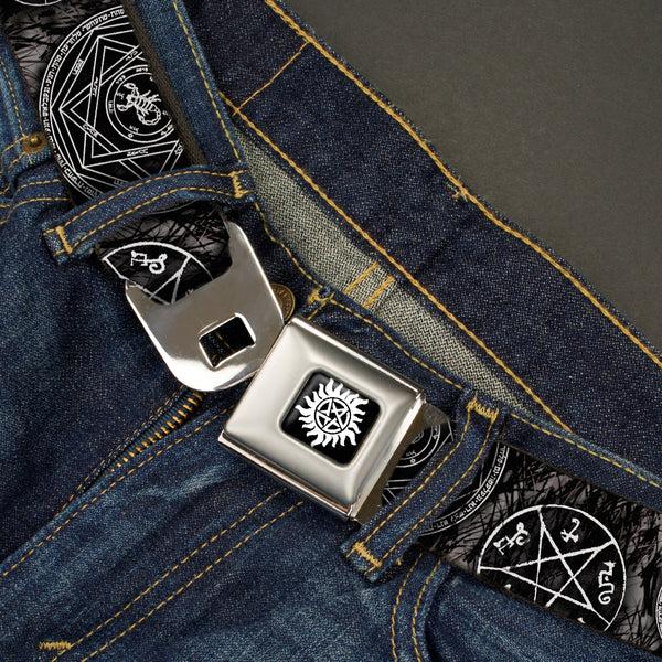 Buckle-Down Winchester Logo Full Color Black White Seatbelt Belt - Supernatural Devil's Trap Pentagrams Grays/Black/White Webbing