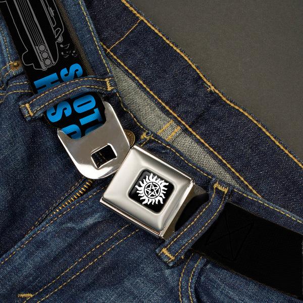 Buckle-Down Winchester Logo Full Color Black White Seatbelt Belt - SUPERNATURAL DRIVER PICKS THE MUSIC-SHOTGUN SHUTS HIS CAKEHOLE Black/Gray/Blue Webbing