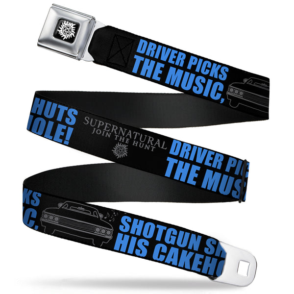 Buckle-Down Winchester Logo Full Color Black White Seatbelt Belt - SUPERNATURAL DRIVER PICKS THE MUSIC-SHOTGUN SHUTS HIS CAKEHOLE Black/Gray/Blue Webbing
