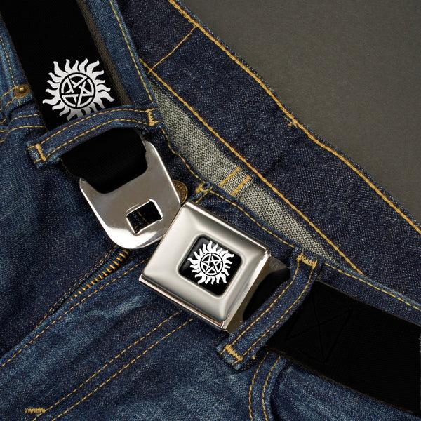 Buckle-Down Winchester Logo Full Color Black White Seatbelt Belt - Winchester Pentagram Repeat Black/White Webbing