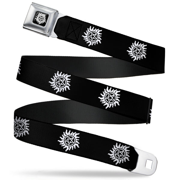 Buckle-Down Winchester Logo Full Color Black White Seatbelt Belt - Winchester Pentagram Repeat Black/White Webbing
