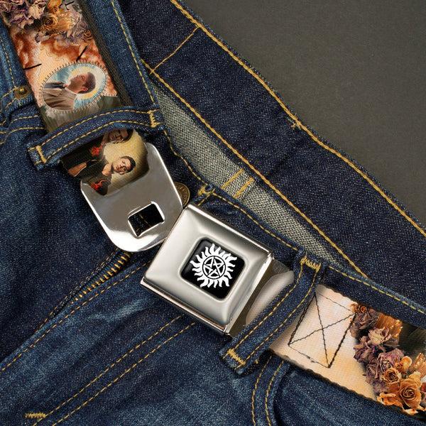 Buckle-Down Winchester Logo Full Color Black White Seatbelt Belt - SUPERNATURAL 4-Character Saintly Icons/Skull & Roses Webbing
