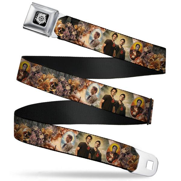 Buckle-Down Winchester Logo Full Color Black White Seatbelt Belt - SUPERNATURAL 4-Character Saintly Icons/Skull & Roses Webbing