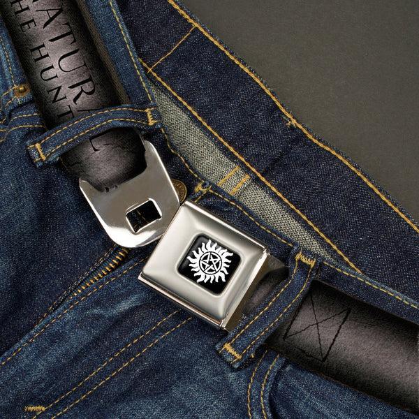 Buckle-Down Winchester Logo Full Color Black White Seatbelt Belt - SUPERNATURAL-JOIN THE HUNT/Winchester Pentagram Grays/Black Webbing