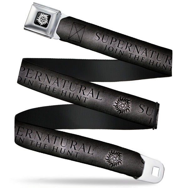Buckle-Down Winchester Logo Full Color Black White Seatbelt Belt - SUPERNATURAL-JOIN THE HUNT/Winchester Pentagram Grays/Black Webbing