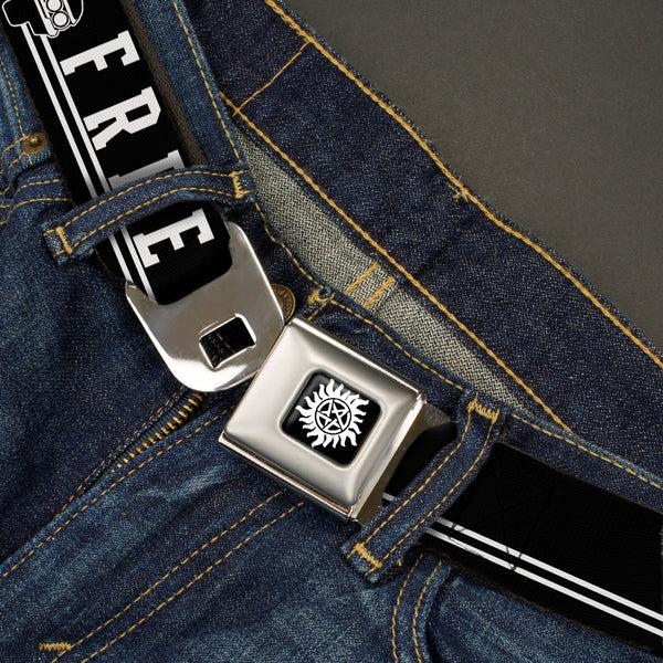 Buckle-Down Winchester Logo Full Color Black White Seatbelt Belt - SUPERNATURAL TEAM FREE WILL/Impala Black/White Webbing