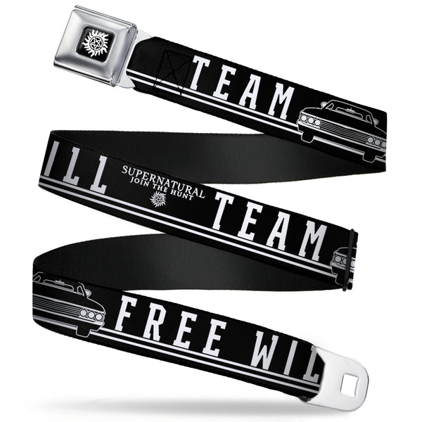Buckle-Down Winchester Logo Full Color Black White Seatbelt Belt - SUPERNATURAL TEAM FREE WILL/Impala Black/White Webbing