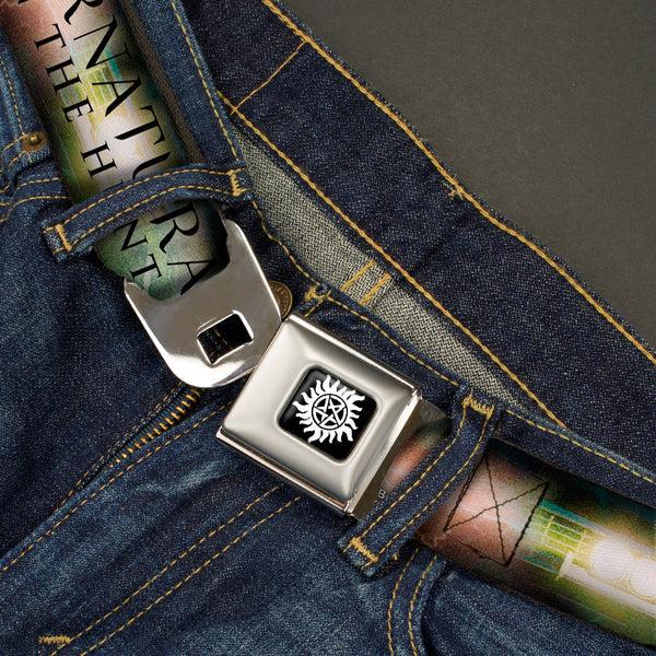Buckle-Down Winchester Logo Full Color Black White Seatbelt Belt - SUPERNATURAL-JOIN THE HUNT/Winchester Brothers Clouds Webbing