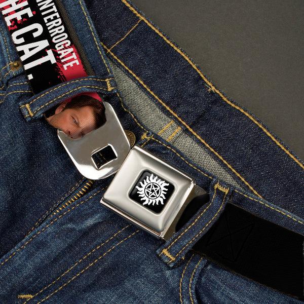 Buckle-Down Winchester Logo Full Color Black White Seatbelt Belt - SUPERNATURAL Castiel I'LL INTERROGATE THE CAT Black/Blood Splatter/White Webbing