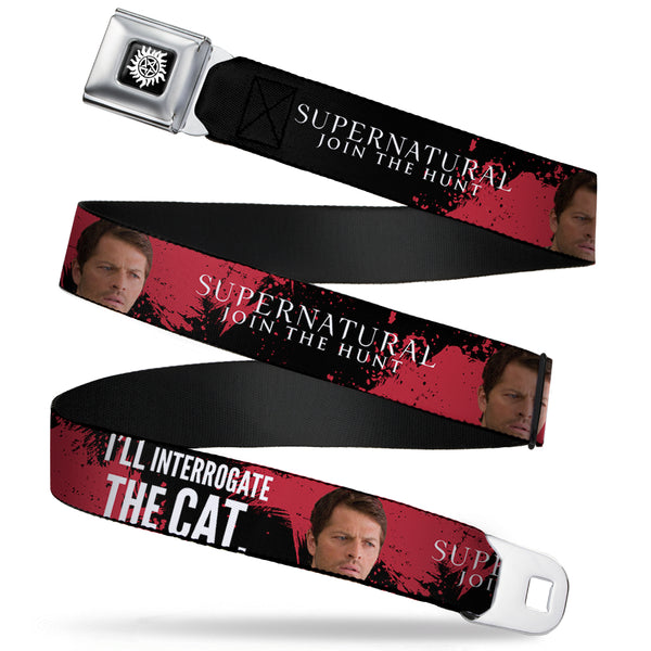 Buckle-Down Winchester Logo Full Color Black White Seatbelt Belt - SUPERNATURAL Castiel I'LL INTERROGATE THE CAT Black/Blood Splatter/White Webbing