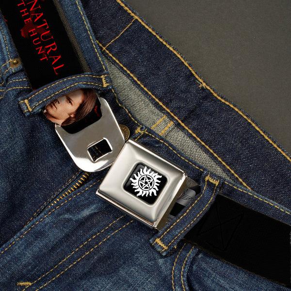 Buckle-Down Winchester Logo Full Color Black White Seatbelt Belt - SUPERNATURAL-WINCHESTER BROS. SCREW DESTINY/Pose Black/Red/White Webbing