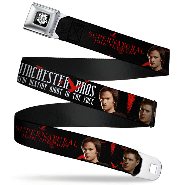 Buckle-Down Winchester Logo Full Color Black White Seatbelt Belt - SUPERNATURAL-WINCHESTER BROS. SCREW DESTINY/Pose Black/Red/White Webbing
