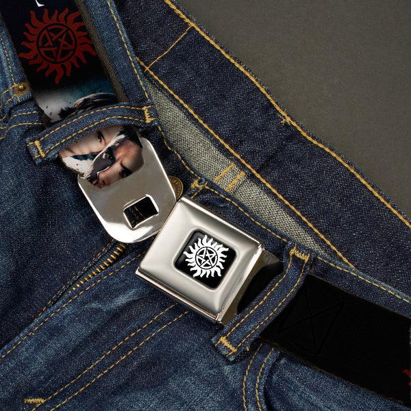 Buckle-Down Winchester Logo Full Color Black White Seatbelt Belt - Winchester Brothers Faces CLOSE-UP & Logo Webbing