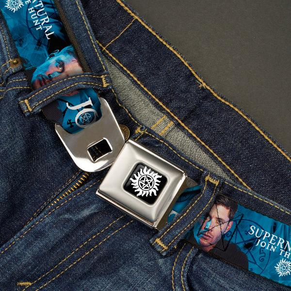 Buckle-Down Winchester Logo Full Color Black White Seatbelt Belt - SUPERNATURAL Dean Pose/JOIN THE HUNT Blues/White Webbing