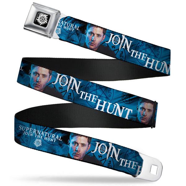 Buckle-Down Winchester Logo Full Color Black White Seatbelt Belt - SUPERNATURAL Dean Pose/JOIN THE HUNT Blues/White Webbing