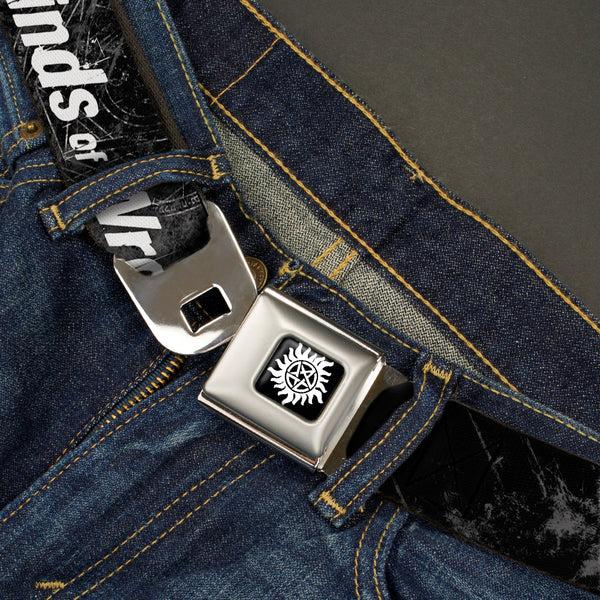 Buckle-Down Winchester Logo Full Color Black White Seatbelt Belt - SUPERNATURAL Dean Pose/THIS IS ALL KINDS OF WRONG Grays/White Webbing