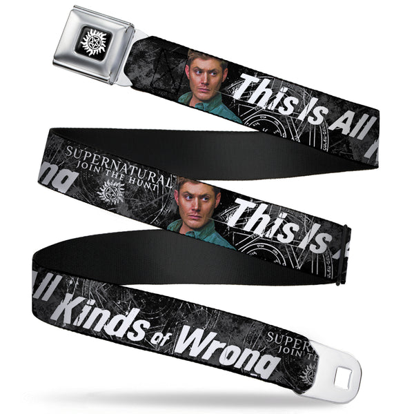 Buckle-Down Winchester Logo Full Color Black White Seatbelt Belt - SUPERNATURAL Dean Pose/THIS IS ALL KINDS OF WRONG Grays/White Webbing