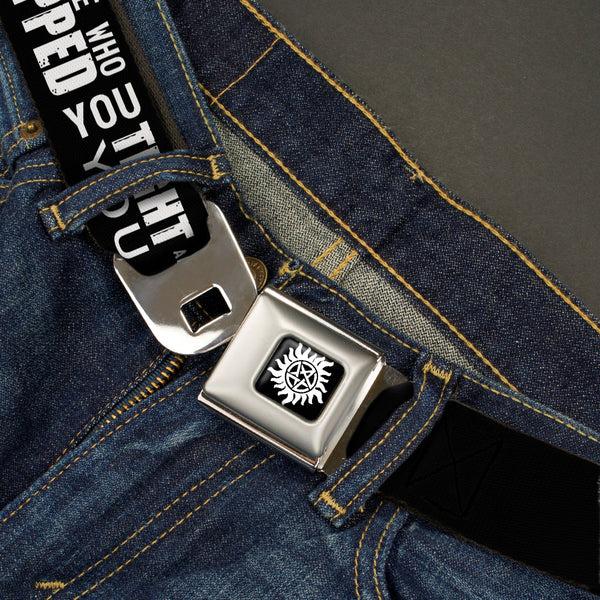 Buckle-Down Winchester Logo Full Color Black White Seatbelt Belt - Castiel/Hand Print RAISED FROM PERDITION Black/Red/Grays/White Webbing