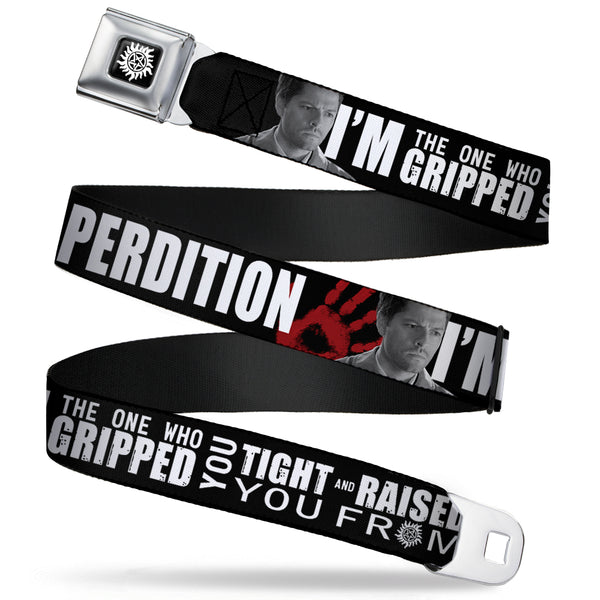 Buckle-Down Winchester Logo Full Color Black White Seatbelt Belt - Castiel/Hand Print RAISED FROM PERDITION Black/Red/Grays/White Webbing