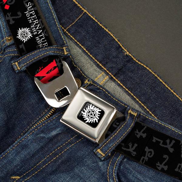 Buckle-Down Winchester Logo Full Color Black White Seatbelt Belt - SUPERNATURAL WELL KIDS DON'T TRY THIS AT HOME/Symbols Black/Gray/Red/White Webbing