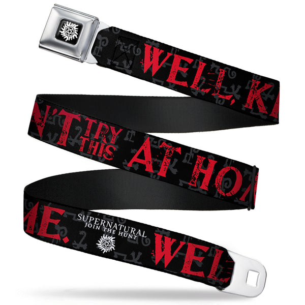 Buckle-Down Winchester Logo Full Color Black White Seatbelt Belt - SUPERNATURAL WELL KIDS DON'T TRY THIS AT HOME/Symbols Black/Gray/Red/White Webbing