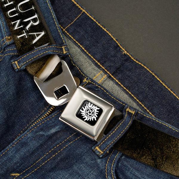 Buckle-Down Winchester Logo Full Color Black White Seatbelt Belt - SUPERNATURAL-JOIN THE HUNT/White Snake Webbing