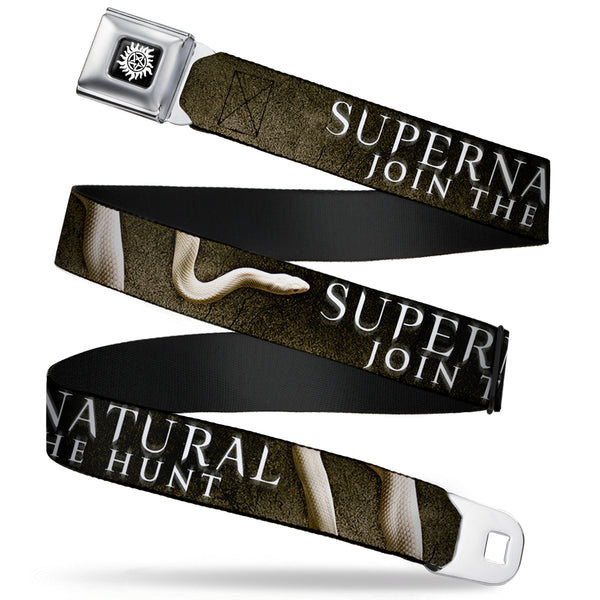 Buckle-Down Winchester Logo Full Color Black White Seatbelt Belt - SUPERNATURAL-JOIN THE HUNT/White Snake Webbing