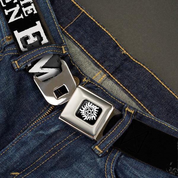 Buckle-Down Winchester Logo Full Color Black White Seatbelt Belt - SUPERNATURAL STOP THE SULLEN EMO CRAP Black/Gray/White Webbing