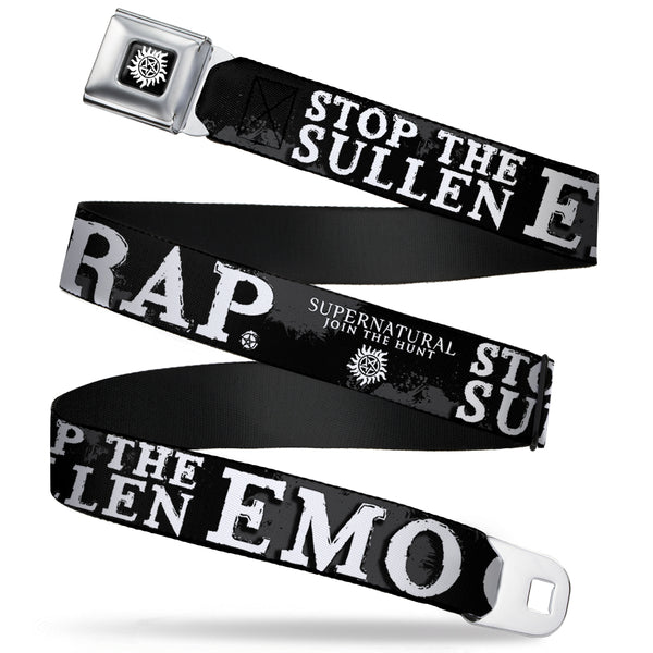 Buckle-Down Winchester Logo Full Color Black White Seatbelt Belt - SUPERNATURAL STOP THE SULLEN EMO CRAP Black/Gray/White Webbing