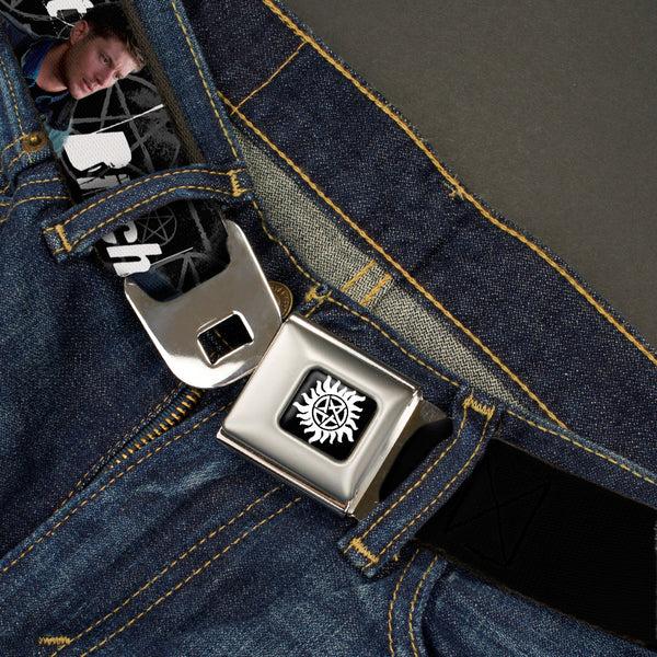 Buckle-Down Winchester Logo Full Color Black White Seatbelt Belt - SUPERNATURAL 4-Character Poses/ASSBUTT-BITCH-JERK-IDJITS Black/Gray/White Webbing