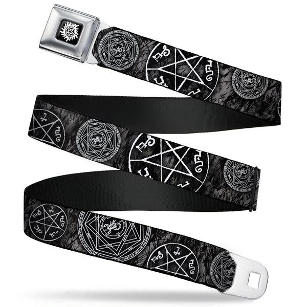 Buckle-Down Winchester Logo Full Color Black White Seatbelt Belt - Supernatural Devil's Trap Pentagrams Grays/Black/White Webbing