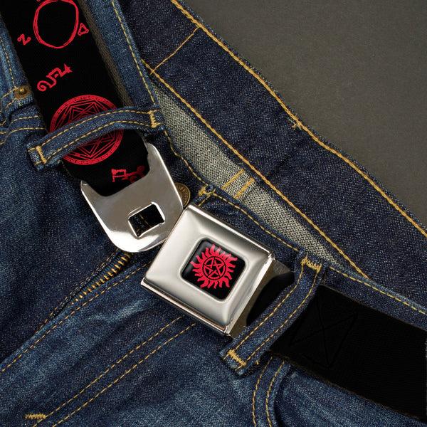 Buckle-Down Winchester Pentagram Full Color Black Red Seatbelt Belt - Supernatural Symbols Scattered Black/Red Webbing