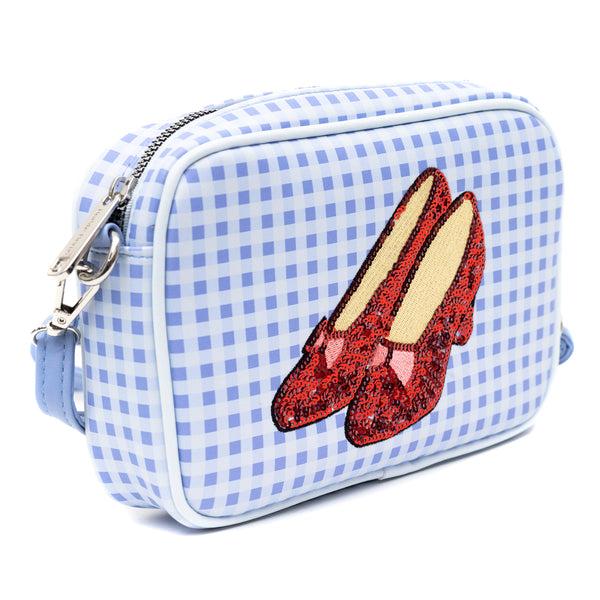 Buckle-Down Wizard Of Oz Bag Cross Body The Wizard Of Oz Dorothy Sequined Ruby Slippers With Toto Pose Blue Vegan Leather