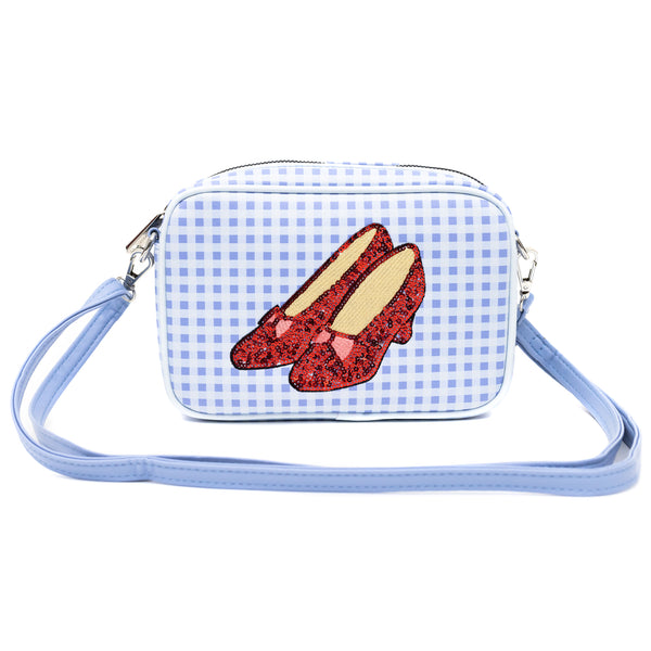 Buckle-Down Wizard Of Oz Bag Cross Body The Wizard Of Oz Dorothy Sequined Ruby Slippers With Toto Pose Blue Vegan Leather