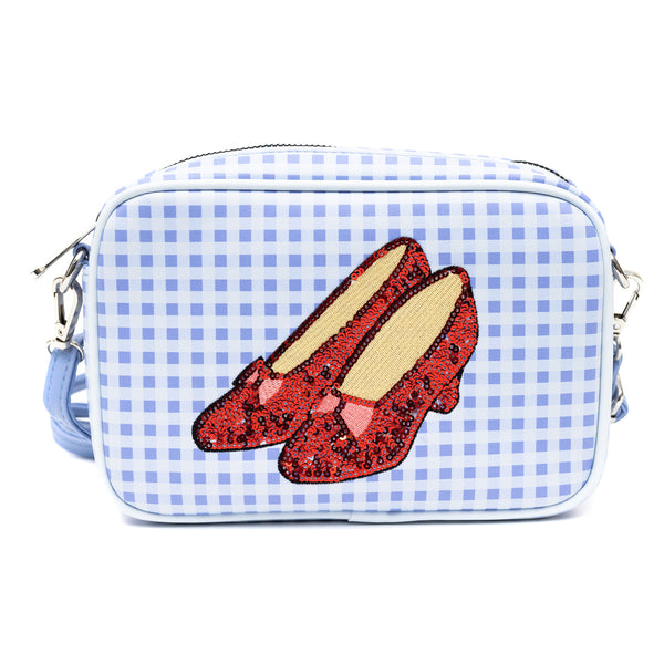 Buckle-Down Wizard of Oz Bag Cross Body The Wizard of Oz Dorothy Sequined Ruby Slippers with Toto Pose Blue Vegan Leather