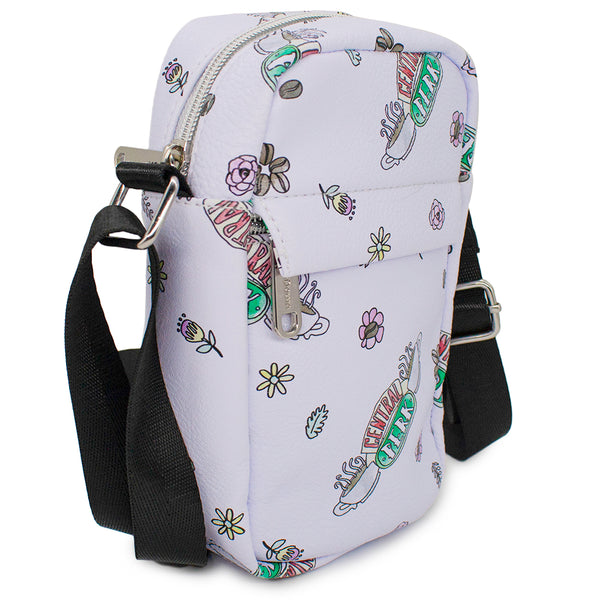 Buckle-Down Women's Crossbody Wallet - Friends CENTRAL PERK Logo And Flowers Scattered White