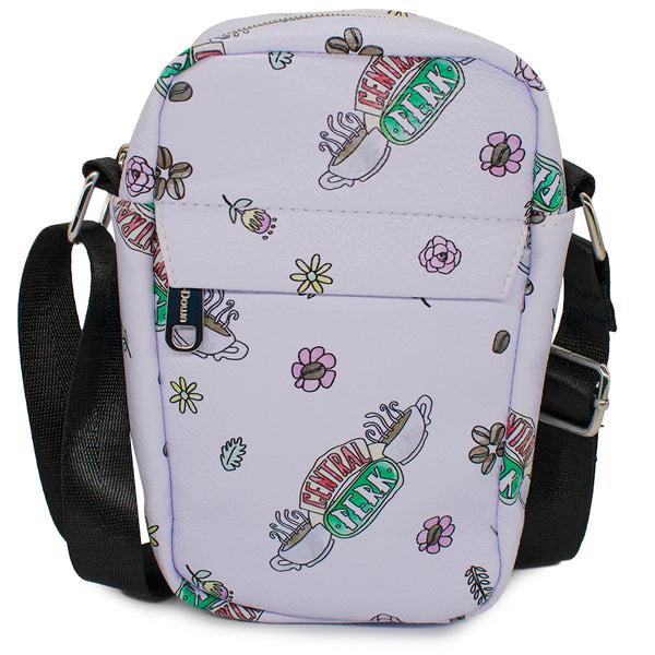 Buckle-Down Women's Crossbody Wallet - Friends CENTRAL PERK Logo and Flowers Scattered White