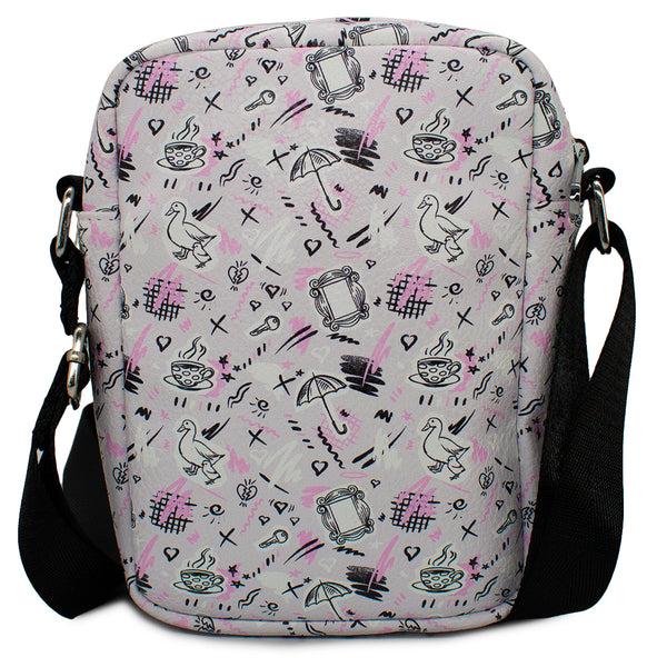 Buckle-Down Women's Crossbody Wallet - Friends Television Show Icons Sketch Collage Gray Black Pink