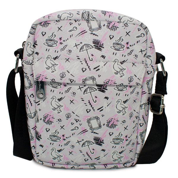 Buckle-Down Women's Crossbody Wallet - Friends Television Show Icons Sketch Collage Gray Black Pink