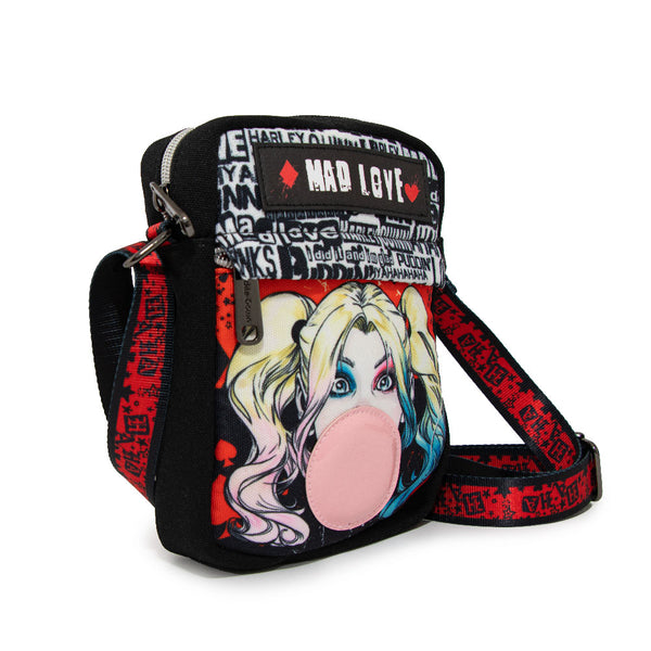 Buckle-Down Women's Crossbody Wallet - Harley Quinn MAD LOVE Bubble Gum Pose Black Red