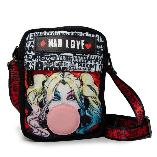 Buckle-Down Women's Crossbody Wallet - Harley Quinn MAD LOVE Bubble Gum Pose Black Red