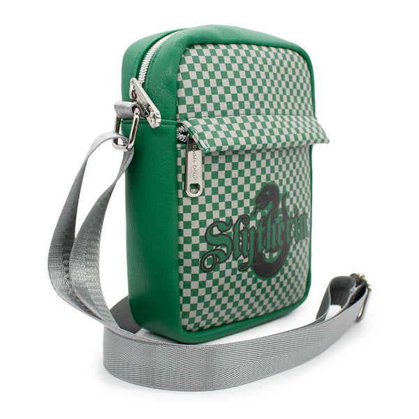 Buckle-Down Women's Crossbody Wallet - Harry Potter SLYTHERIN Serpent Icon Checker Green Gray