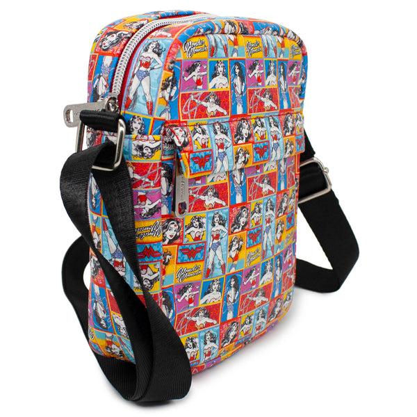 Buckle-Down Women's Crossbody Wallet - Wonder Woman Poses Script And Logo Blocks Multi Color